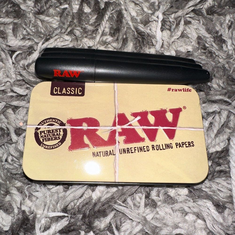 Metal RAW Rolling Papers PreRolled Cigarette Tin Case + Triple Cone Holder NEW
